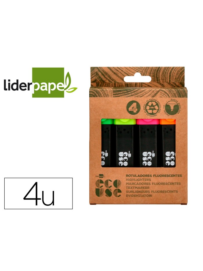 Rotulador liderpapel ecouse fluorescente fabricado con 68% plastico reciclado caja de 4 unidades colores surtidos Rotulador liderpapel ecouse fluorescente fabricado con 68% plastico reciclado caja de 4 unidades colores surtidos