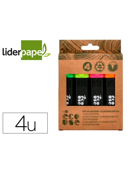 Rotulador liderpapel ecouse fluorescente fabricado con 68% plastico reciclado caja de 4 unidades colores surtidos