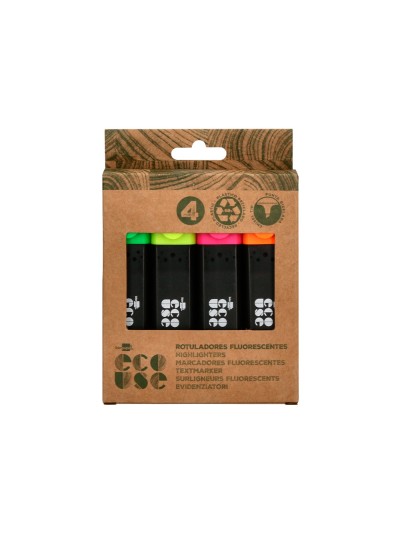 Rotulador liderpapel ecouse fluorescente fabricado con 68% plastico reciclado caja de 4 unidades colores surtidos