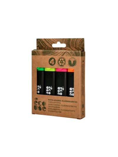 Rotulador liderpapel ecouse fluorescente fabricado con 68% plastico reciclado caja de 4 unidades colores surtidos