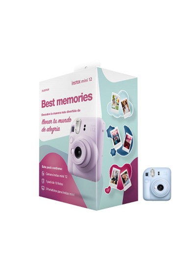 Kit camara fujifilm mini instax 12 color azul+papel 10 fotos+3 portara retratos