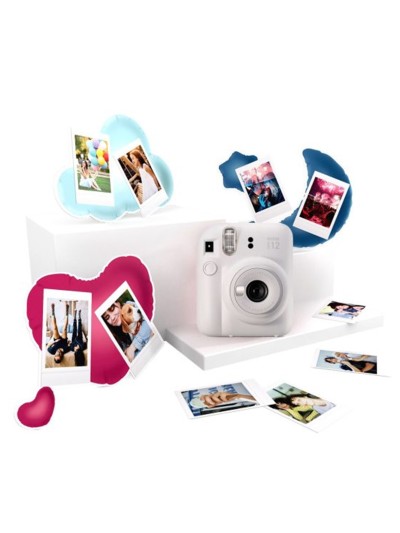 Kit camara fujifilm mini instax 12 color blanco arcilla + papel 10 fotos + 3 portara retratos