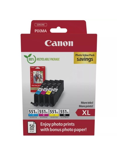 Multipack canon cli - 551xl b - c - m - y + 50 hojas papel fotografico