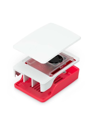 Carcasa raspberry pi 5 con ventilador roja y blanca