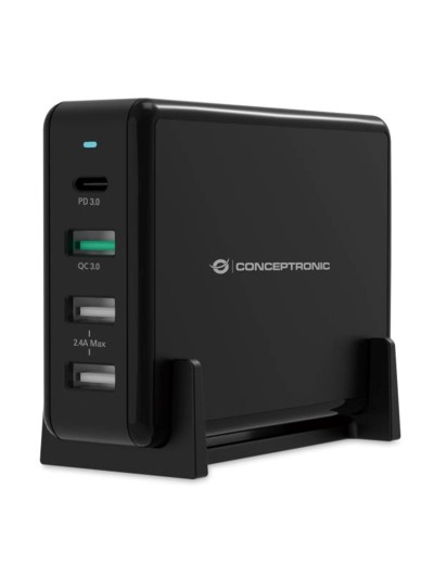 Cargador conceptronic ozul01b carga rapida pd 3 x usb tipo a - 1 x usb tipo c - 65w