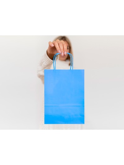Bolsa papel q-connect celulosa celeste m con asa retorcida 270x370x12 mm
