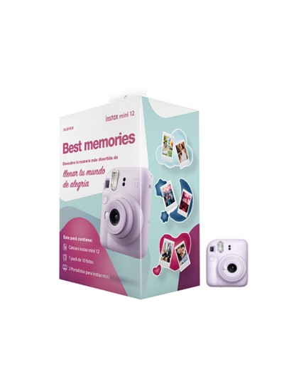 Kit camara fujifilm mini instax 12 color purpura + papel 10 fotos + 3 portara retratos