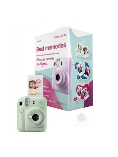 Kit camara fujifilm mini instax 12 color verde menta + papel 10 fotos + 3 portara retratos