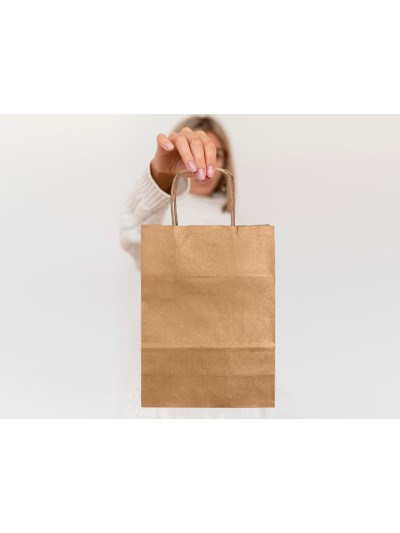 Bolsa papel q-connect kraft natural liso xs con asa retorcida 180x240x80 mm
