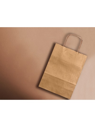 Bolsa papel q-connect kraft natural liso xs con asa retorcida 180x240x80 mm