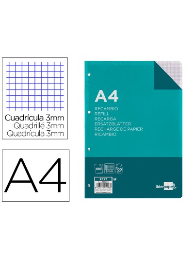 Recambio liderpapel a4 100 hojas 100g/m2 cuadro 3mm con margen 4 taladros