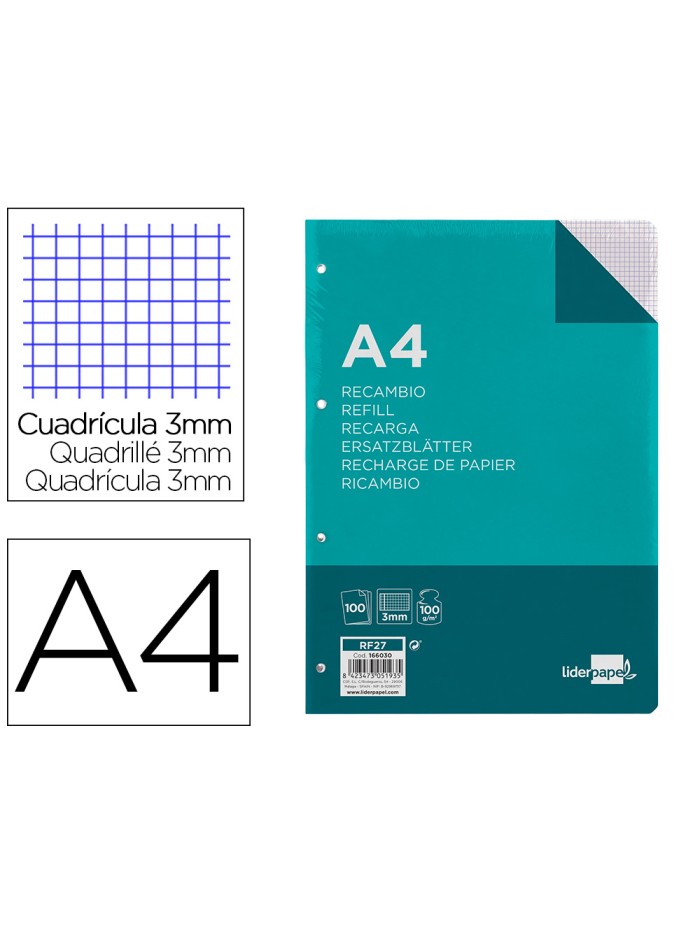 Recambio liderpapel a4 100 hojas 100g/m2 cuadro 3mm con margen 4 taladros Recambio liderpapel a4 100 hojas 100g/m2 cuadro 3mm con margen 4 taladros