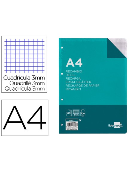Recambio liderpapel a4 100 hojas 100g/m2 cuadro 3mm con margen 4 taladros