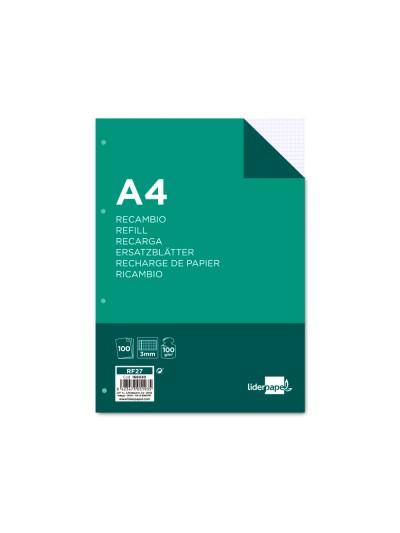 Recambio liderpapel a4 100 hojas 100g/m2 cuadro 3mm con margen 4 taladros