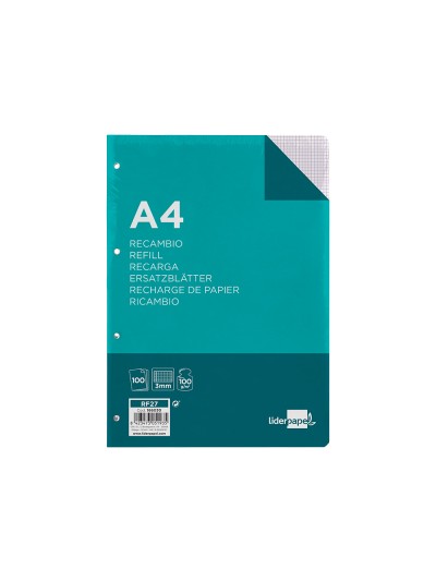 Recambio liderpapel a4 100 hojas 100g/m2 cuadro 3mm con margen 4 taladros