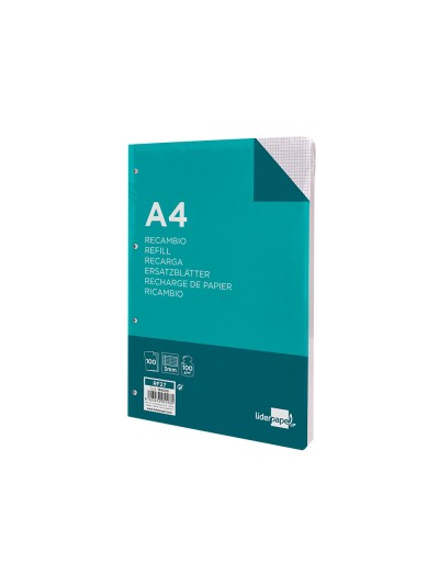 Recambio liderpapel a4 100 hojas 100g/m2 cuadro 3mm con margen 4 taladros