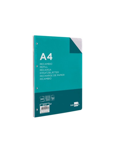 Recambio liderpapel a4 100 hojas 100g/m2 cuadro 3mm con margen 4 taladros
