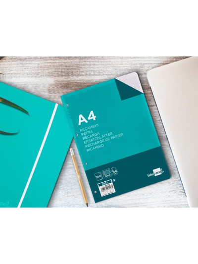 Recambio liderpapel a4 100 hojas 100g/m2 cuadro 3mm con margen 4 taladros