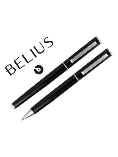 Juego boligrafo y roller belius norwich cuerpo negro mate y detalles cromados satinados en caja regalo