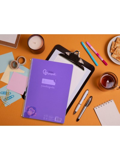 Cuaderno espiral liderpapel din a4 pautaguia tapa plastico80h 90gr cuadro pautado 4mm con margen color lila