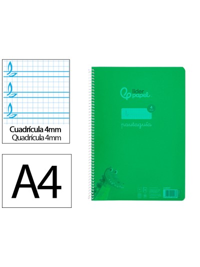 Cuaderno espiral liderpapel din a4 pautaguia tapa plastico80h 90gr cuadro pautado 4mm con margen color verde