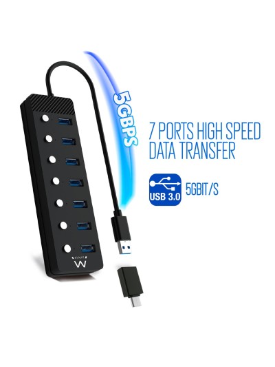 Hub ewent 7 puertos usb 3.0 + interruptor - usb tipo a + adaptador usb tipo c