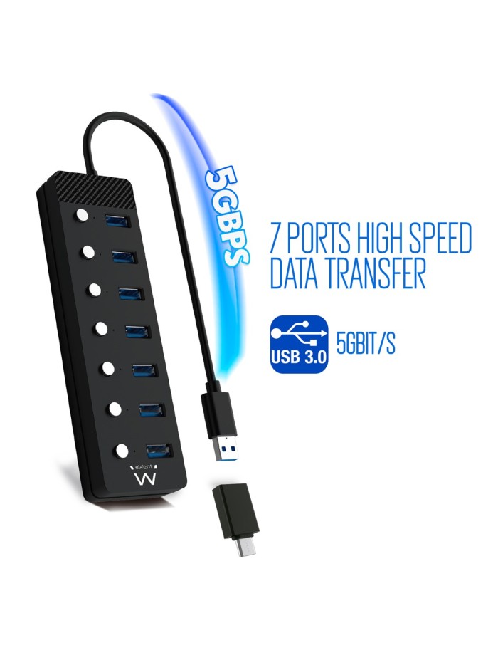 Hub ewent 7 puertos usb 3.0 + interruptor - usb tipo a + adaptador usb tipo c Hub ewent 7 puertos usb 3.0 + interruptor - usb tipo a + adaptador usb tipo c