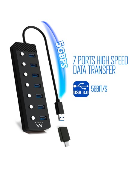 Hub ewent 7 puertos usb 3.0 + interruptor - usb tipo a + adaptador usb tipo c