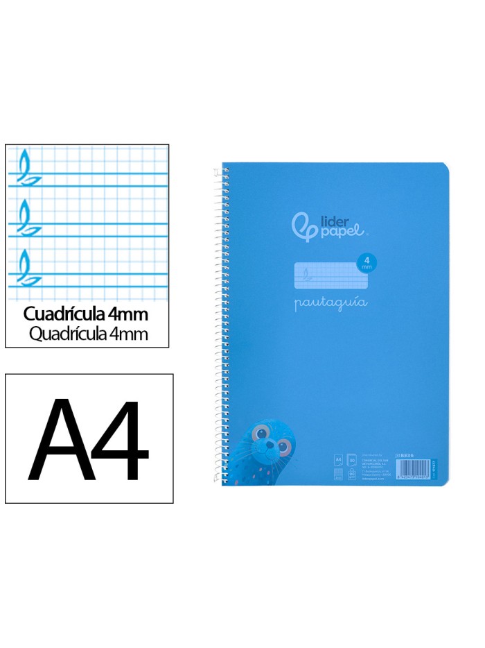 Cuaderno espiral liderpapel din a4 pautaguia tapa plastico80h 90gr cuadro pautado 4mm con margen color azul Cuaderno espiral liderpapel din a4 pautaguia tapa plastico80h 90gr cuadro pautado 4mm con margen color azul
