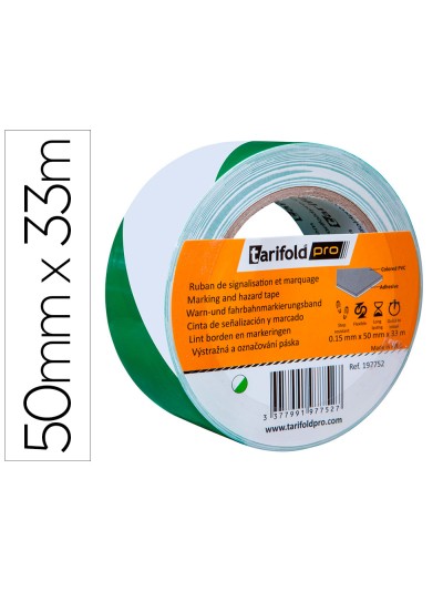 Cinta adhesiva tarifold seguridad para marcaje y señalizacion de suelo 33 mt x 50 mm color blanco/verde