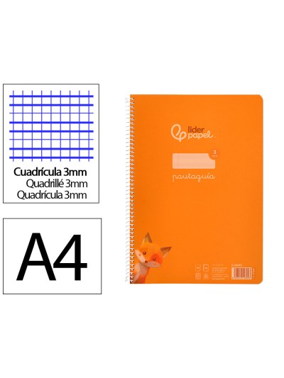 Cuaderno espiral liderpapel din a4 pautaguia tapa plastico80h 90gr cuadro pautado 3mm con margen color naranja