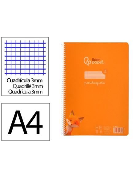 Cuaderno espiral liderpapel din a4 pautaguia tapa plastico80h 90gr cuadro pautado 3mm con margen color naranja