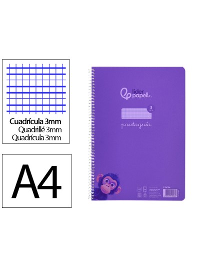 Cuaderno espiral liderpapel din a4 pautaguia tapa plastico 80h 90gr cuadro pautado 3 mm con margen color lila