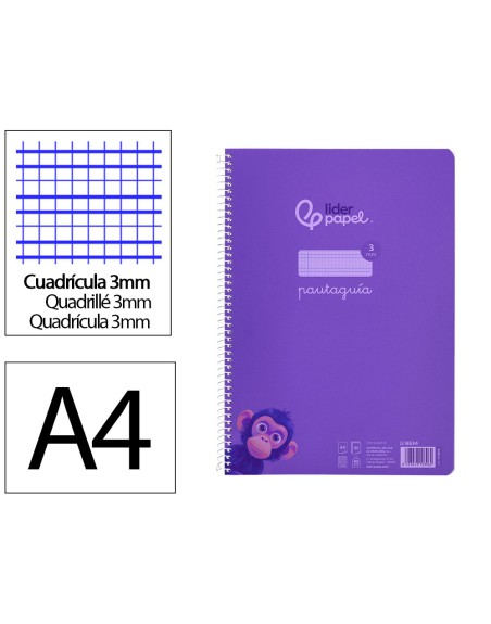 Cuaderno espiral liderpapel din a4 pautaguia tapa plastico 80h 90gr cuadro pautado 3 mm con margen color lila