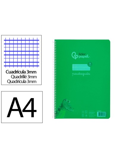 Cuaderno espiral liderpapel din a4 pautaguia tapa plastico 80h 90gr cuadro pautado 3mm con margen color verde