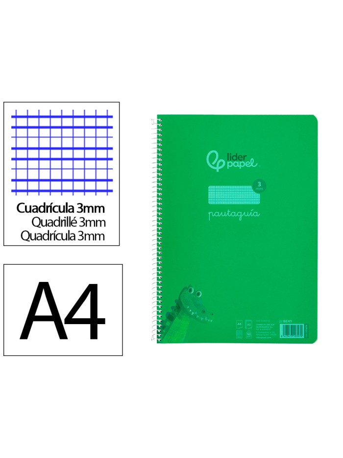 Cuaderno espiral liderpapel din a4 pautaguia tapa plastico 80h 90gr cuadro pautado 3mm con margen color verde Cuaderno espiral liderpapel din a4 pautaguia tapa plastico 80h 90gr cuadro pautado 3mm con margen color verde