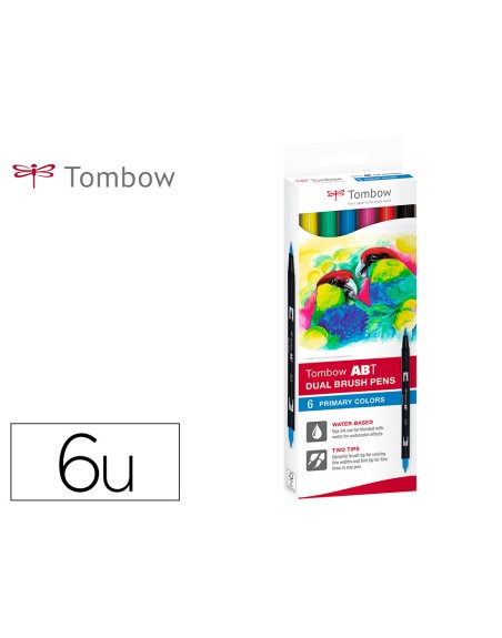 Rotulador tombow abt dual brush acuarelable doble punta fina/pincel estuche de 6 colores primarios