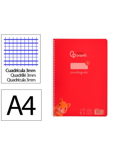 Cuaderno espiral liderpapel din a4 pautaguia tapa plastico80h 90gr cuadro pautado 3mm con margen color rojo