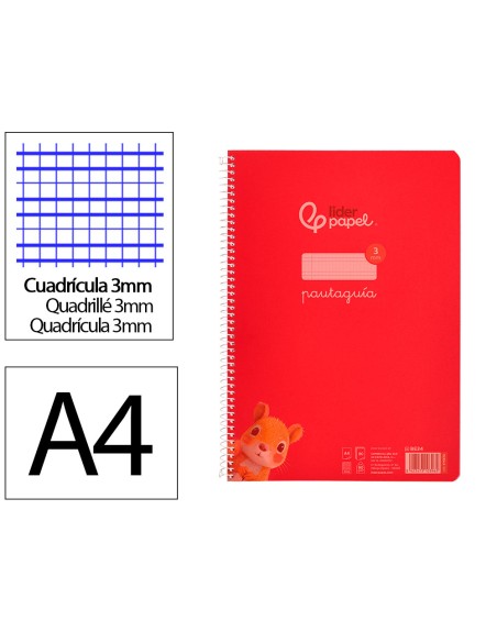 Cuaderno espiral liderpapel din a4 pautaguia tapa plastico80h 90gr cuadro pautado 3mm con margen color rojo