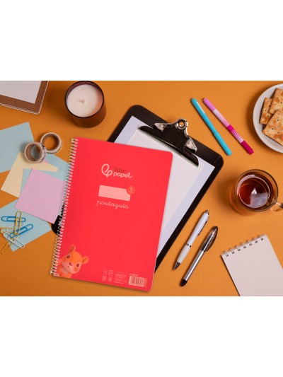Cuaderno espiral liderpapel din a4 pautaguia tapa plastico80h 90gr cuadro pautado 3mm con margen color rojo
