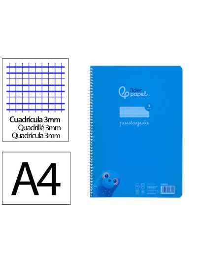 Cuaderno espiral liderpapel din a4 pautaguia tapa plastico 80h 90gr cuadro pautado 3mm con margen color azul