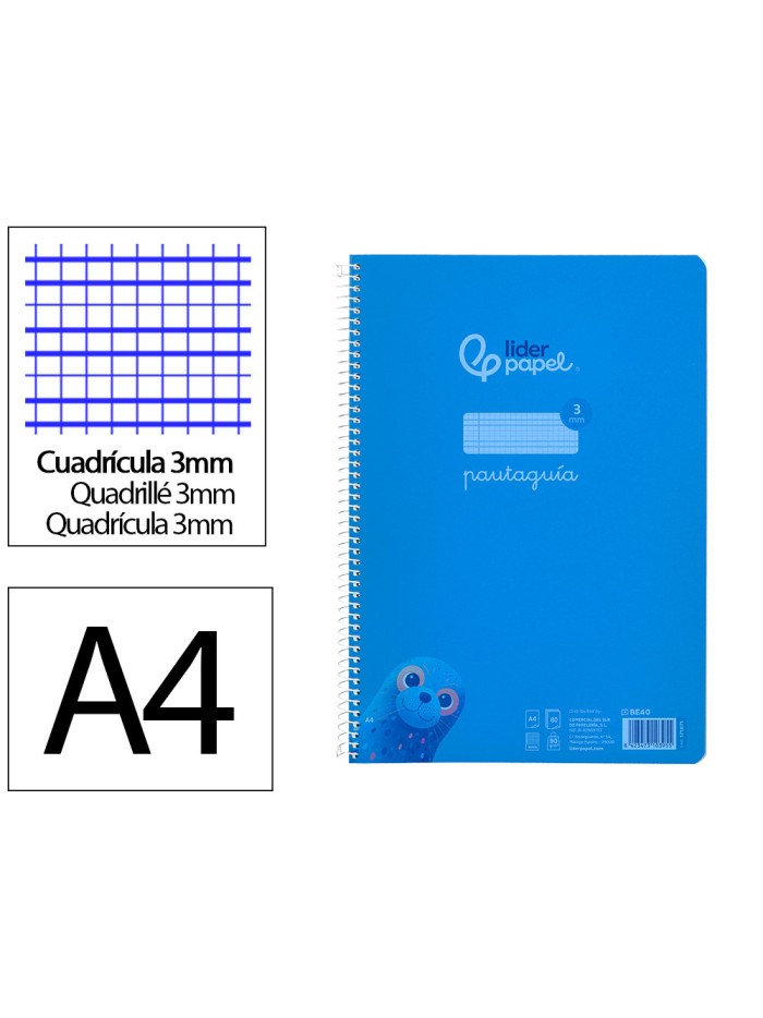 Cuaderno espiral liderpapel din a4 pautaguia tapa plastico 80h 90gr cuadro pautado 3mm con margen color azul Cuaderno espiral liderpapel din a4 pautaguia tapa plastico 80h 90gr cuadro pautado 3mm con margen color azul