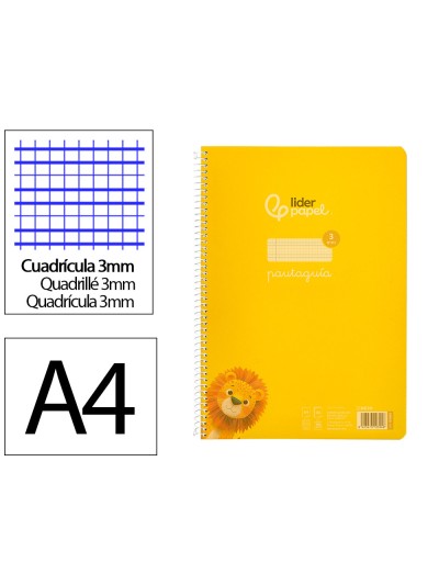 Cuaderno espiral liderpapel din a4 pautaguia tapa plastico 80h 90gr cuadro pautado 3mm con margen color amarillo