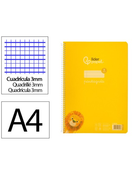 Cuaderno espiral liderpapel din a4 pautaguia tapa plastico 80h 90gr cuadro pautado 3mm con margen color amarillo