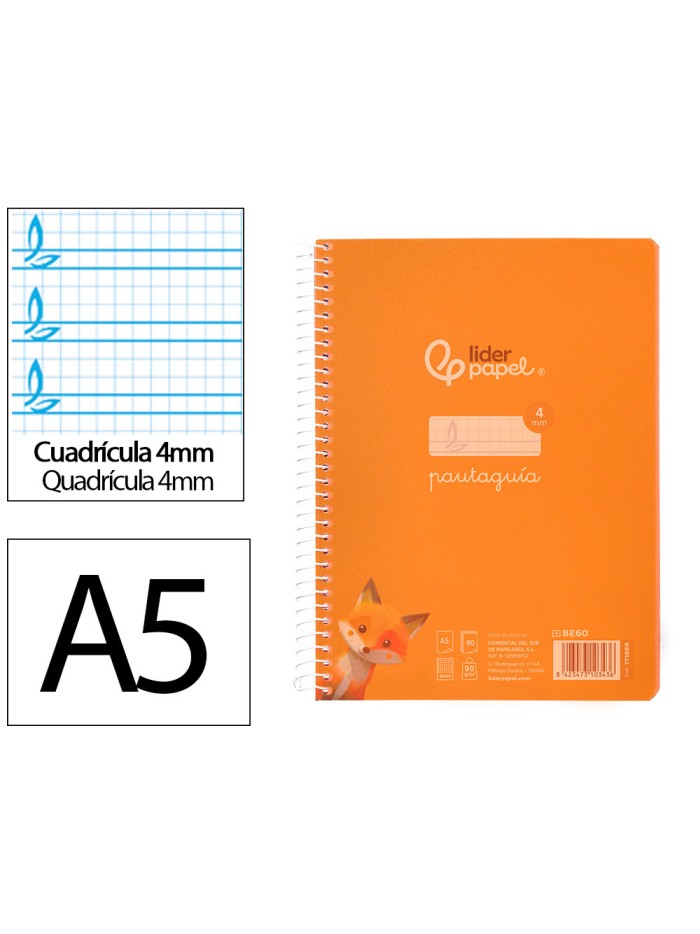 Cuaderno espiral liderpapel din a5 pautaguia tapa plastico 80h 90gr cuadro pautado 4mm color naranja Cuaderno espiral liderpapel din a5 pautaguia tapa plastico 80h 90gr cuadro pautado 4mm color naranja