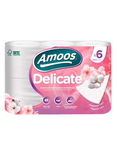 Papel higienico amoos delicate 3 capas color blanco paquete de 6 rollos 20 m