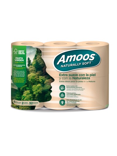 Papel higienico amoos naturally soft 2 capas pasta cruda paquete de 6 rollos 32 m