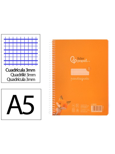 Cuaderno espiral liderpapel din a5 pautaguia tapa plastico 80h 90gr cuadro pautado 3mm color naranja