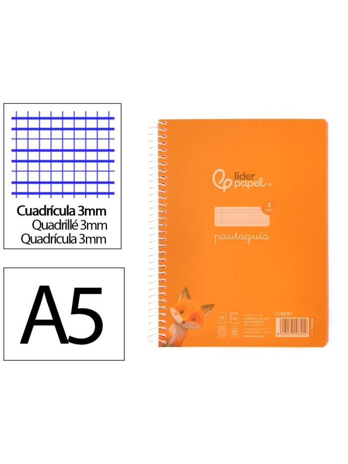 Cuaderno espiral liderpapel din a5 pautaguia tapa plastico 80h 90gr cuadro pautado 3mm color naranja Cuaderno espiral liderpapel din a5 pautaguia tapa plastico 80h 90gr cuadro pautado 3mm color naranja