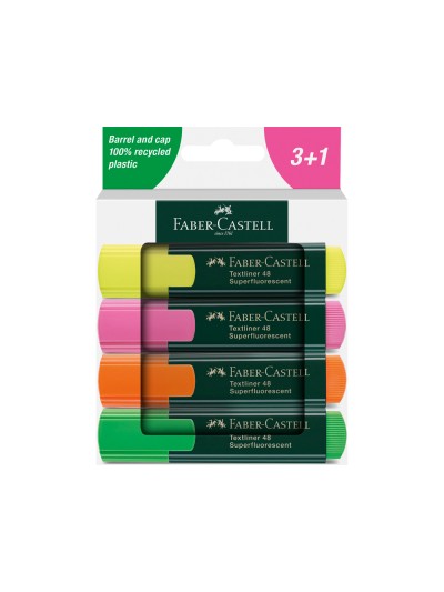 Rotulador faber castell neon txtlnr fluorescente caja de 3 + 1 unidad gratis colores surtidos